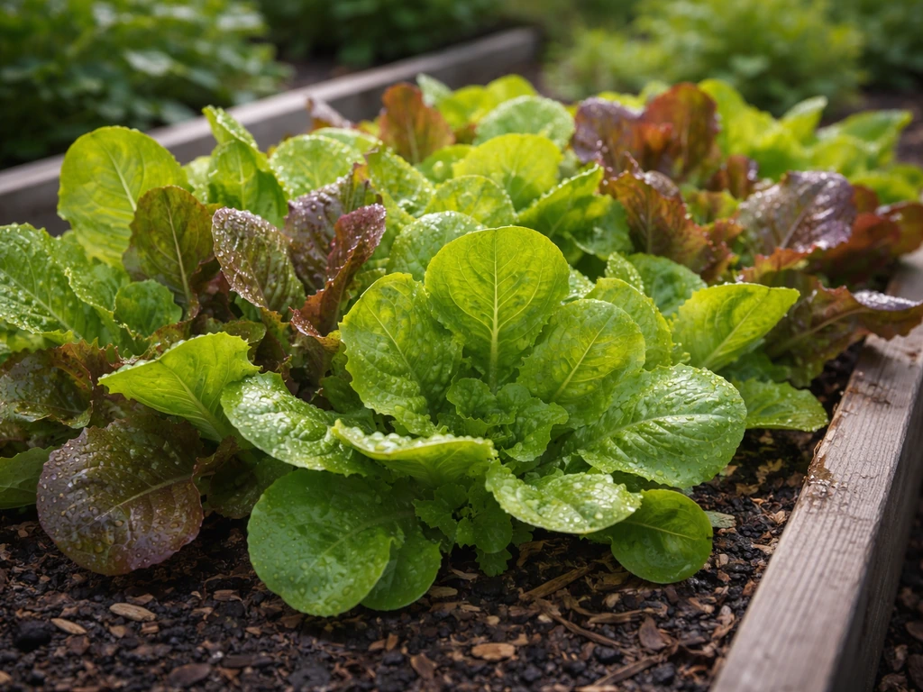 Mature mixed-leaf artisan lettuce growing in a home garden bed in natural daylight