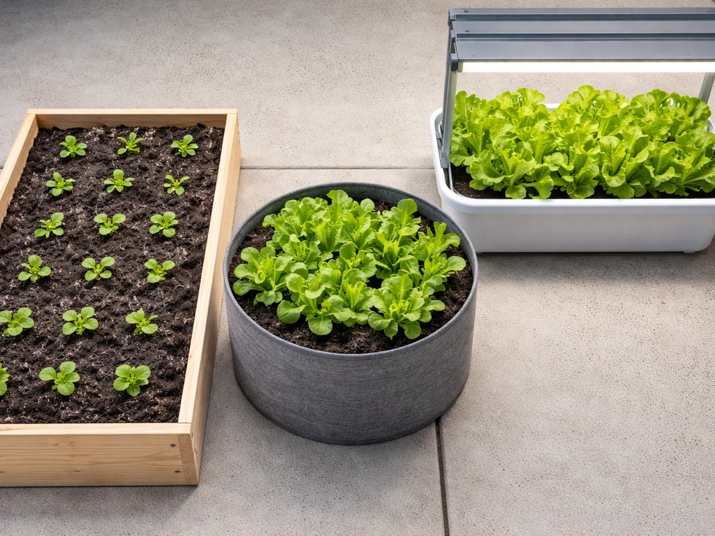 Overhead view of three home lettuce growing setups: soil bed, potted container, and LED grow rack.