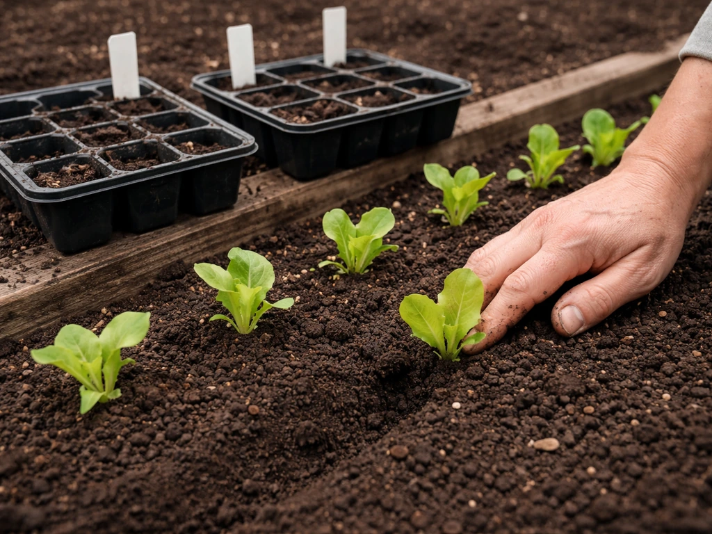 Lettuce seedlings in neat row bed, with simple labeled seed-starting trays nearby showing succession timing.