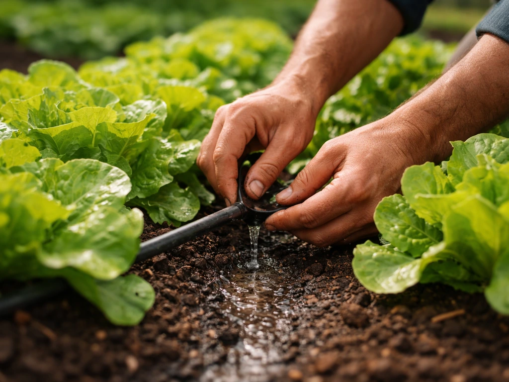Gardener’s hands watering lettuce bed with moist soil surface, checking moisture for consistent growth.
