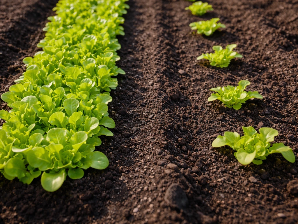 Two lettuce rows side-by-side: overcrowded seedlings on one side, properly thinned spaced seedlings on the other.