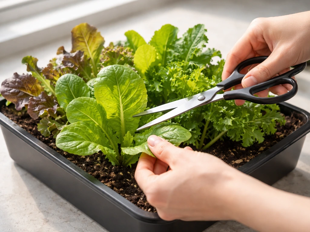 Hands trimming outer loose-leaf greens with scissors, center rosette left intact.