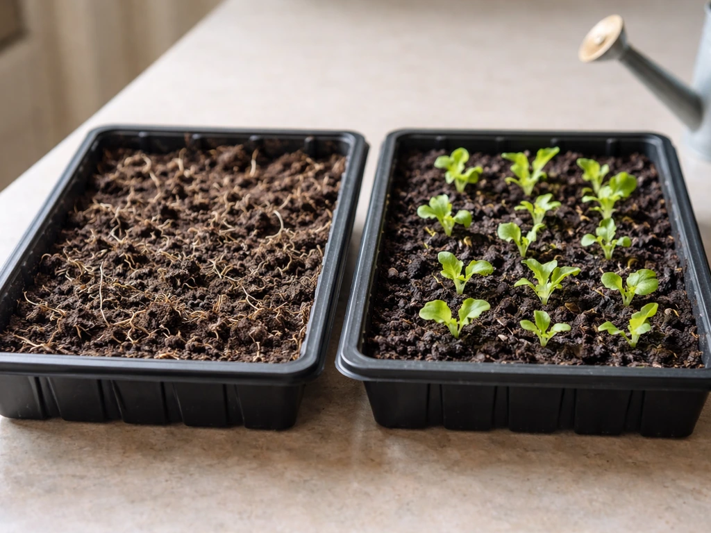 Seed tray with dry, failed lettuce seedlings beside a tray of healthy sprouts, showing germination differences.