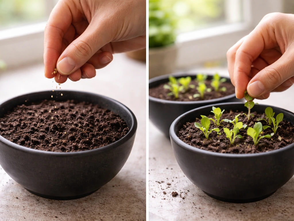 Hands sow lettuce seeds in a small ceramic bowl planter, then show lightly thinned seedlings.