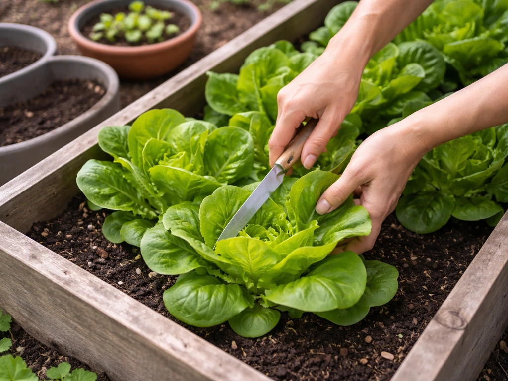 Hand harvesting fresh salad bowl lettuce from a small raised bed with another bowl of seedlings nearby.