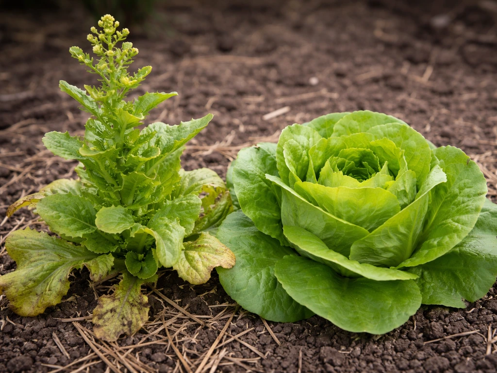Close-up of bolting lettuce with a tall stalk beside a healthy rosette lettuce plant.