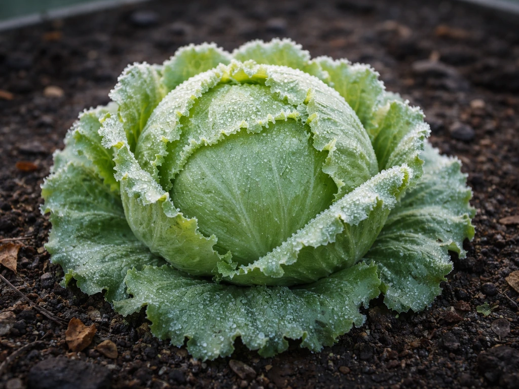 Crisp Igloo lettuce head with tight iceberg-style leaves growing in cool, dewy garden soil