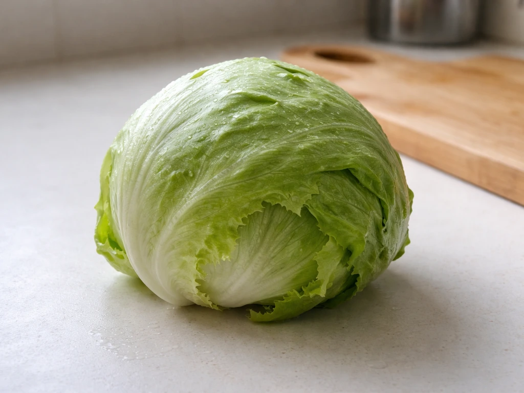 A crisp, tightly wrapped iceberg-style lettuce head on a kitchen counter in natural light.