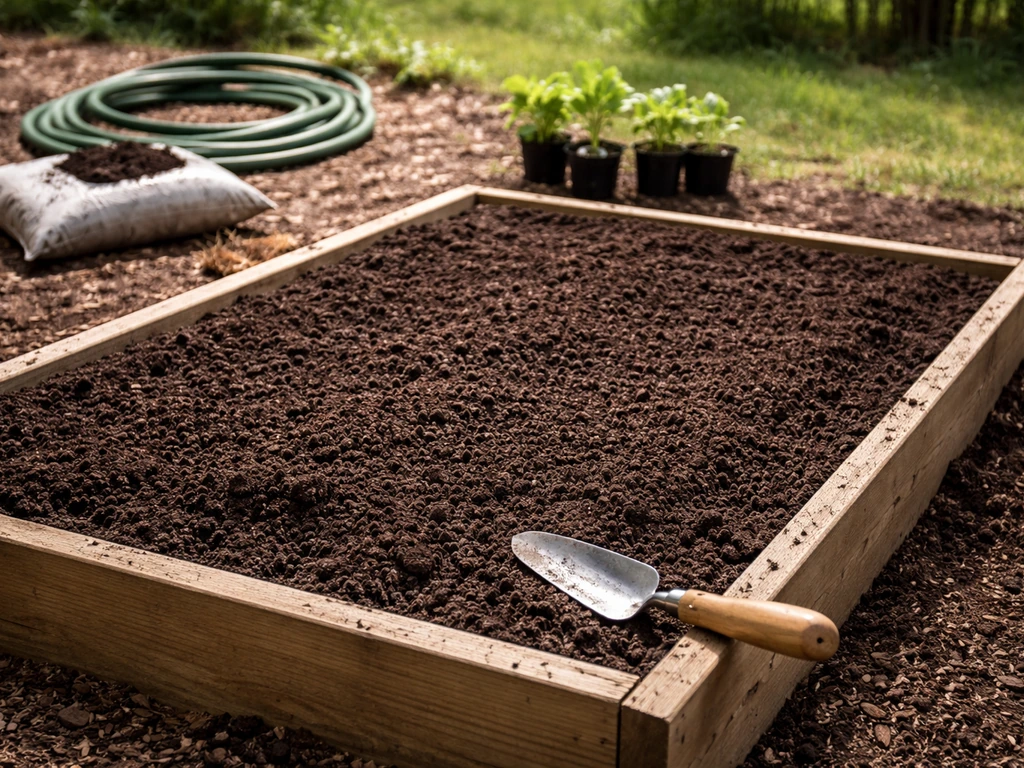 Raised outdoor garden bed with compost-rich soil, tools nearby, ready for planting seedlings.