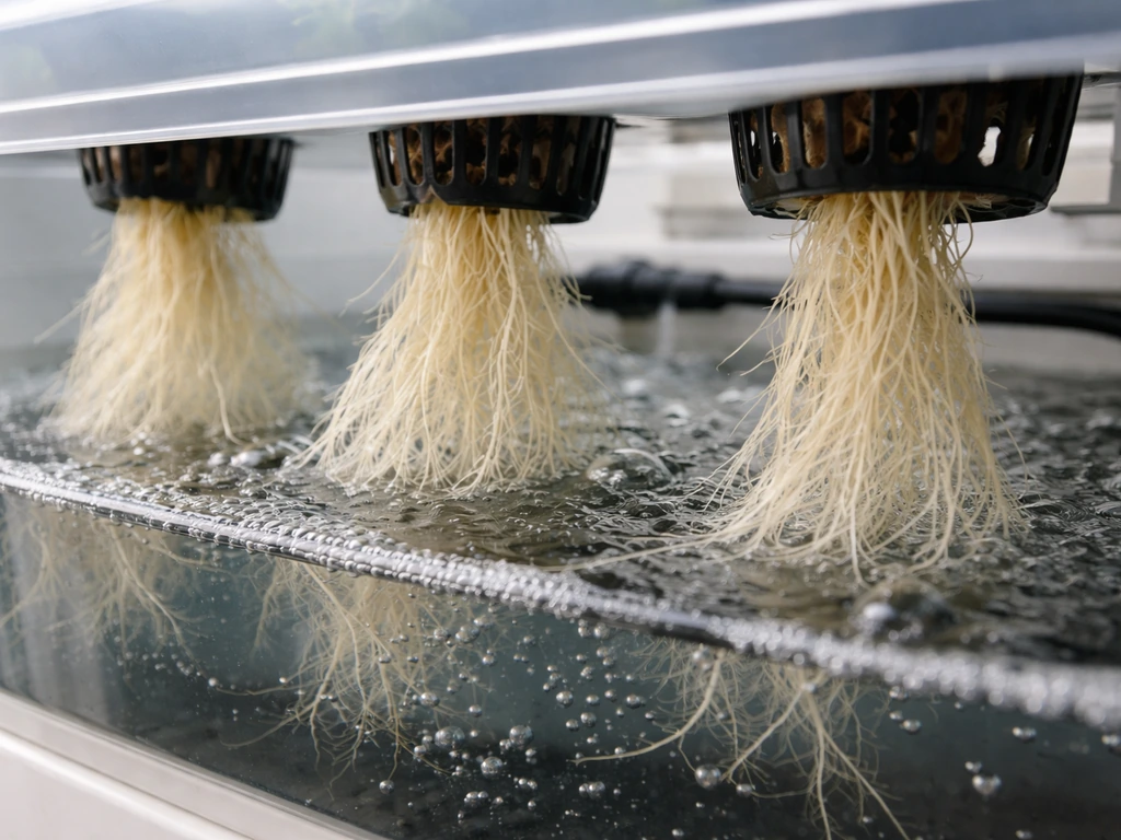 Close-up of lettuce roots in clear hydroponic nutrient water with simple tubing and subtle bubbles.