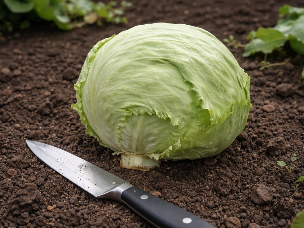 Freshly harvested firm Igloo iceberg-style head beside a knife at soil level