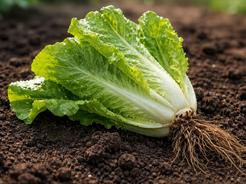 Fresh romaine lettuce harvest on soil, crisp leaves and visible roots for a homegrown feel.