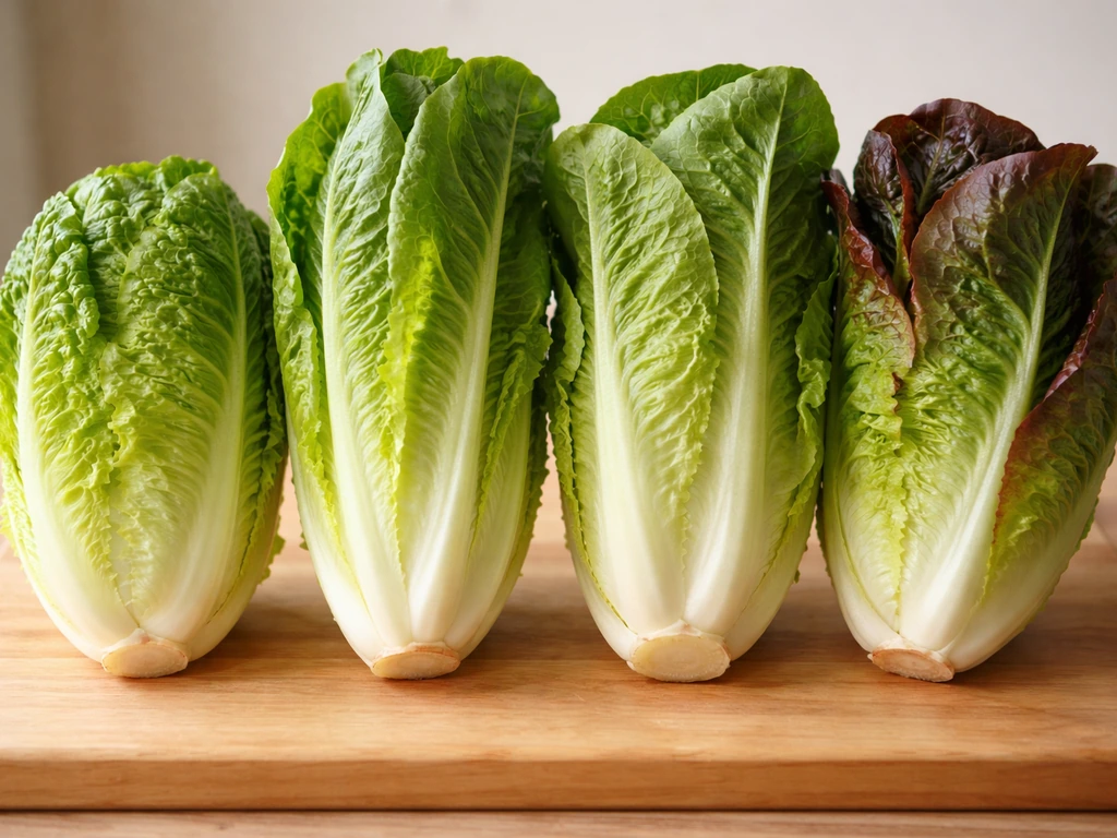 Four romaine lettuce heads side-by-side showing different sizes, leaf shapes, and green/red coloring.