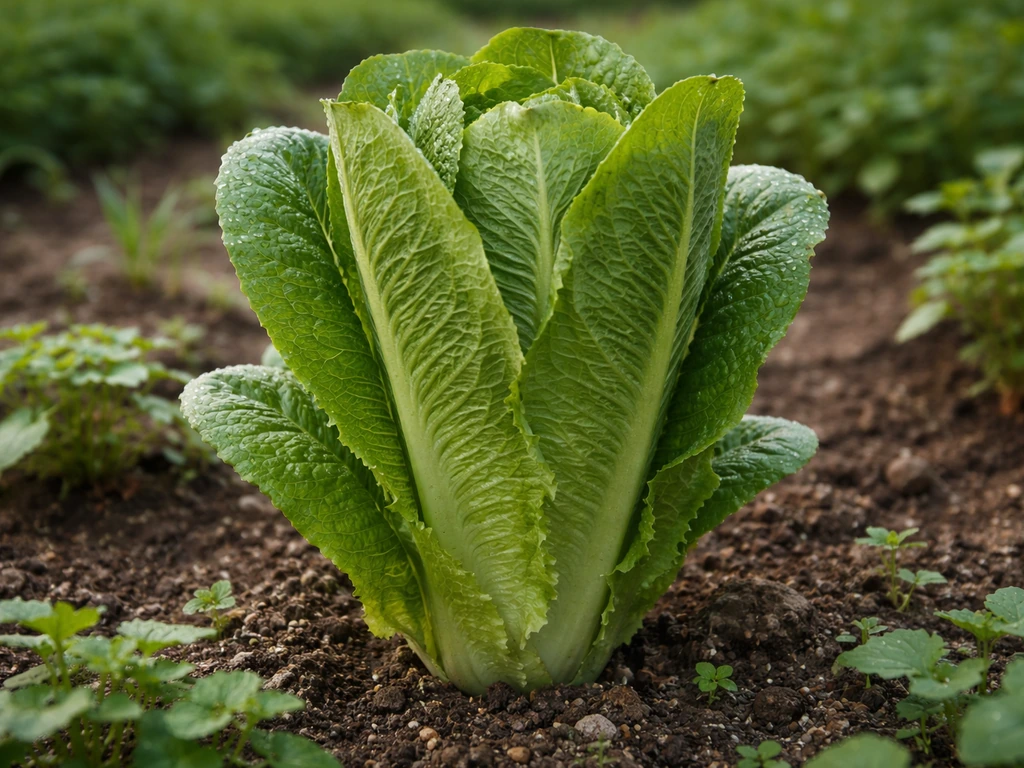 Single tall romaine head growing in an outdoor garden bed, thick crisp leaves in natural light.