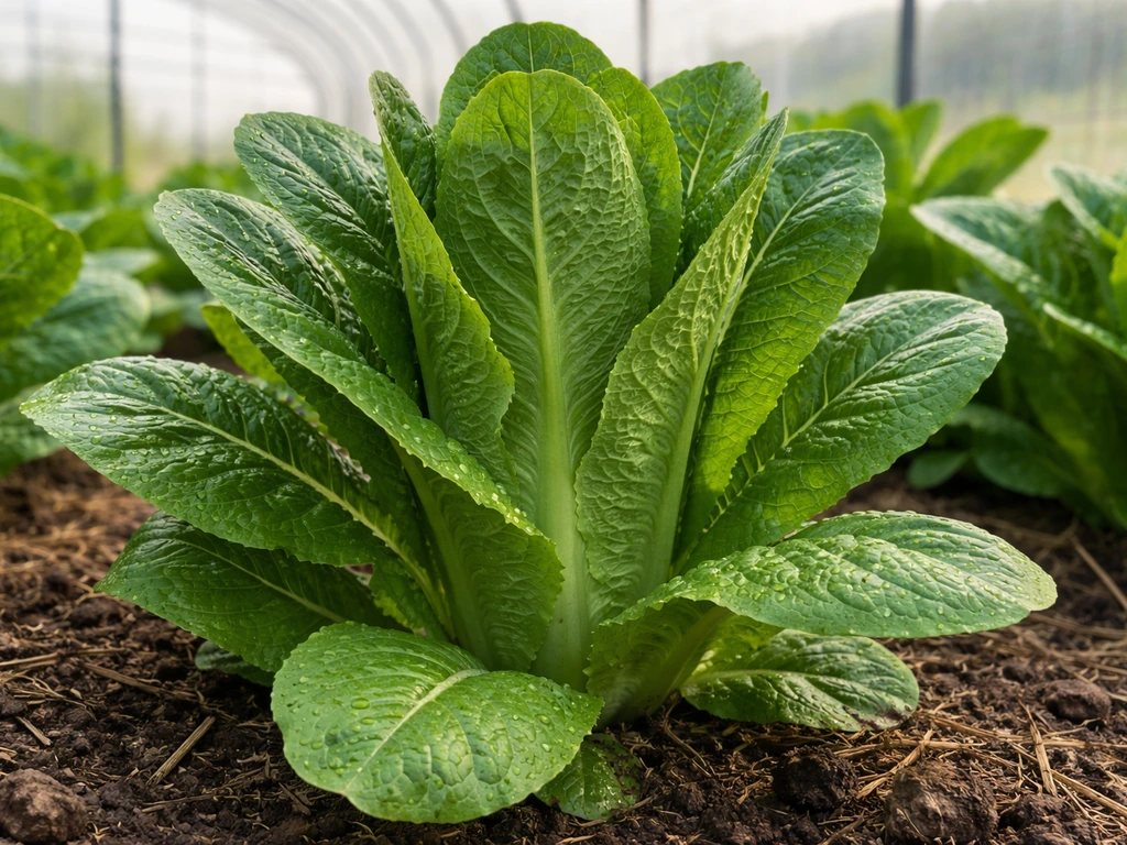 Close-up of upright romaine lettuce heads in a greenhouse, representing heat-tolerant late-spring growth.