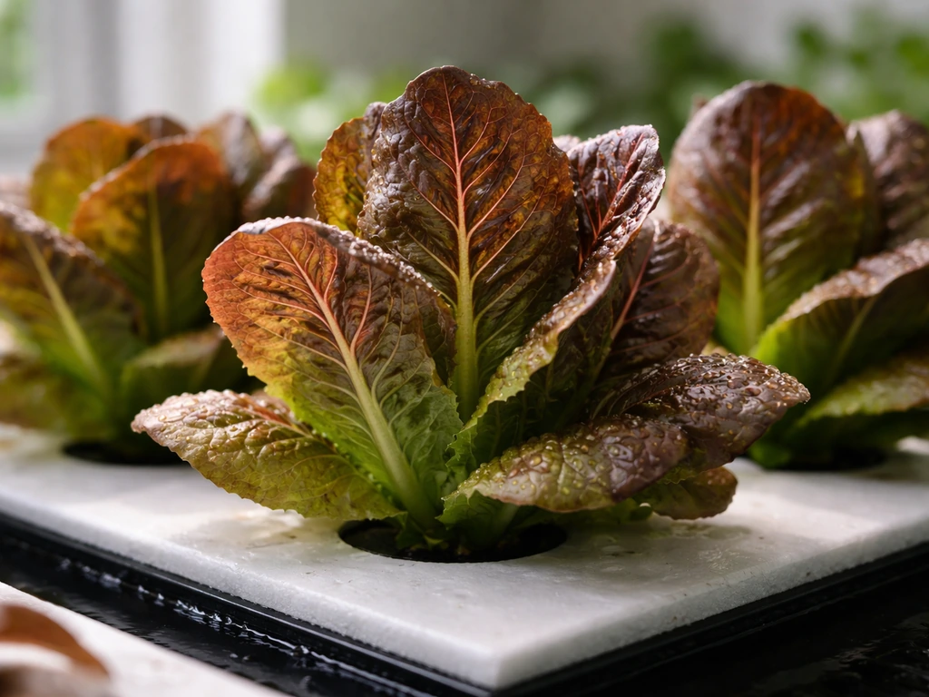 Close-up of red-leaf romaine lettuce heads growing in a clean hydroponic setup indoors.