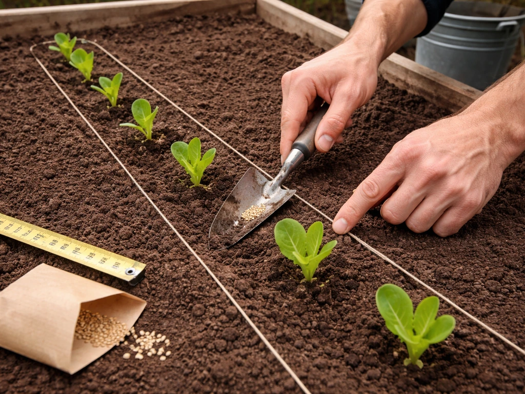 Close view of hands spacing seedlings in a raised bed with measuring tape and twine for succession sowing.