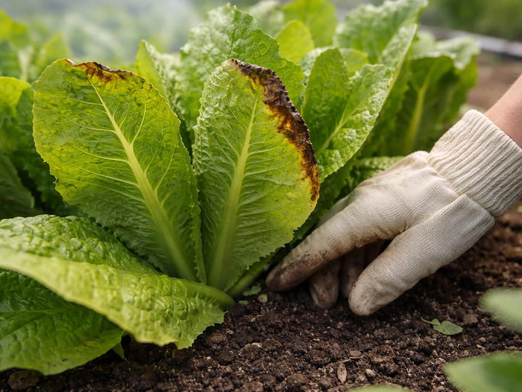 Close-up romaine lettuce leaves showing brown/black tipburn edges and a gardener checking soil moisture.