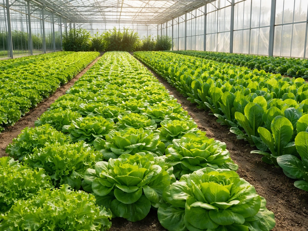 Several greenhouse lettuce varieties growing in neat rows, with bright natural light filtering through glass.
