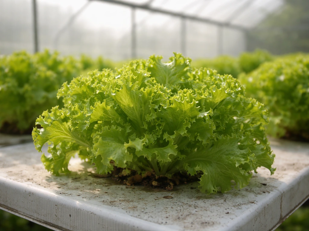 Close-up of loose-leaf lettuce thriving in a greenhouse with frilly fronds and compact healthy plants.