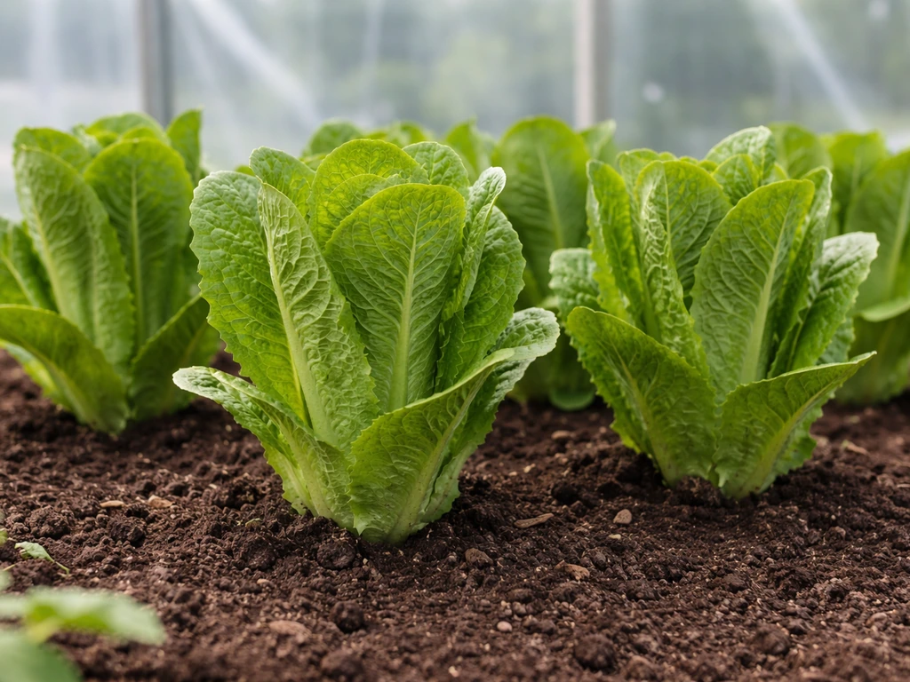 Upright romaine/cos lettuce in a greenhouse, showing strong structure and non-bolting growth.