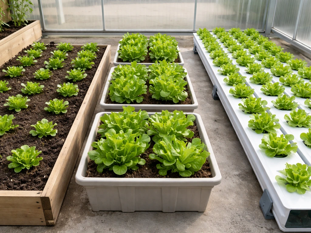 Side-by-side lettuce in soil bed, container planters, and hydroponic channels in a bright greenhouse.