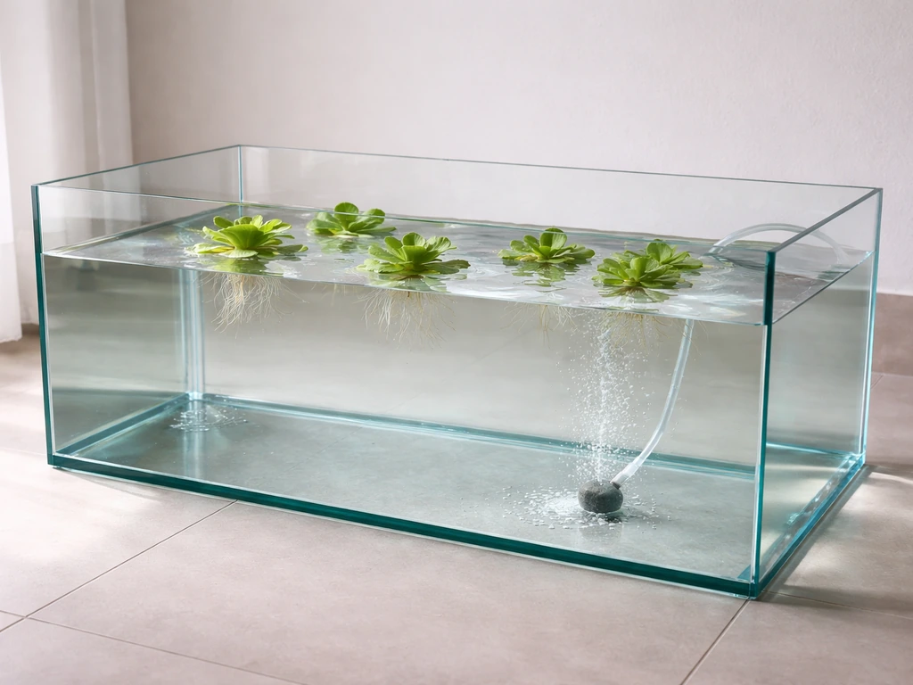 Water lettuce in a clear tank with an air stone, filled to about 8–12 inches depth.