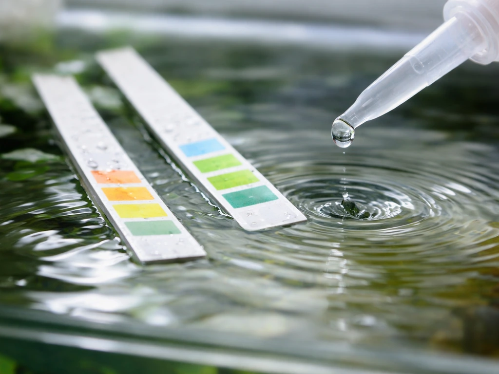 Close-up of pH test strips in aquarium water with a small dropper adding liquid to a tank