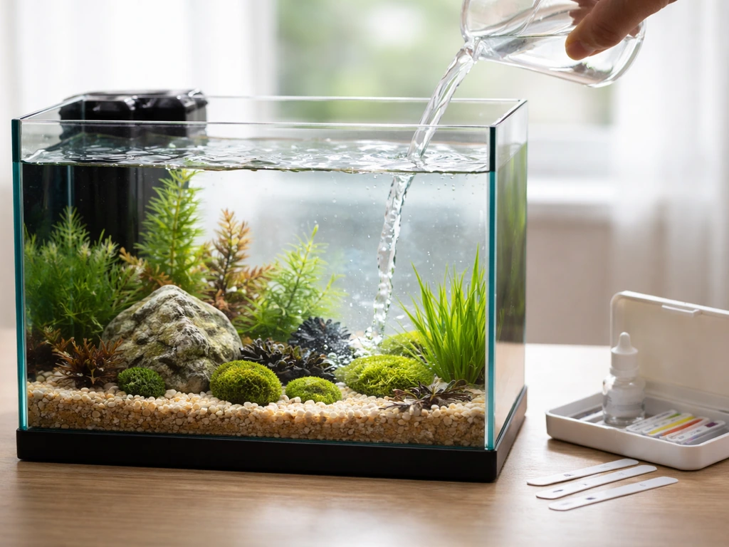 Close view of a small aquarium being topped up with clear dechlorinated water and a simple water test check nearby.