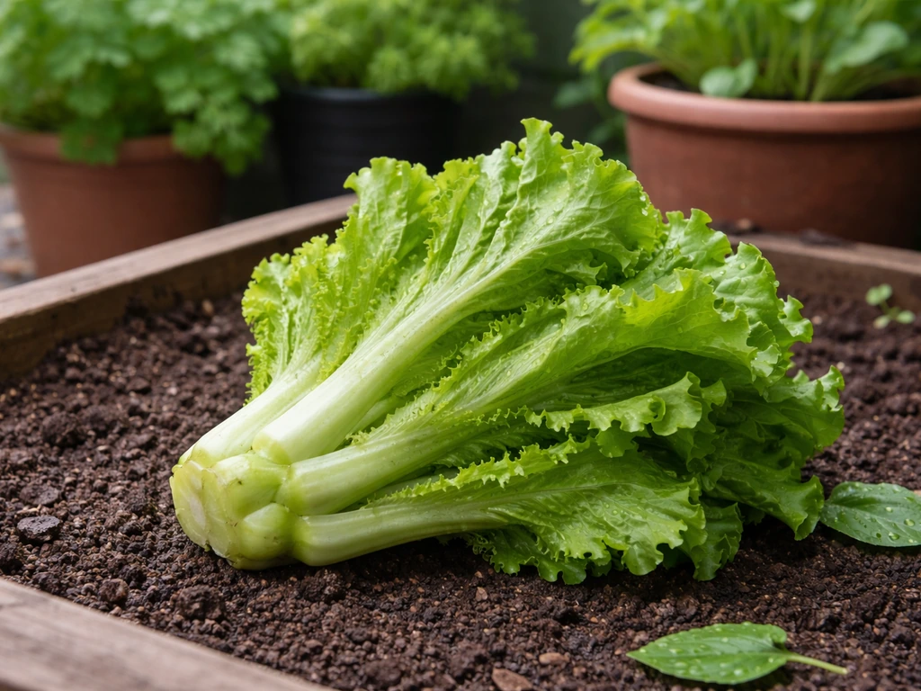 Freshly harvested Chinese lettuce leaves on soil in a small home container garden.