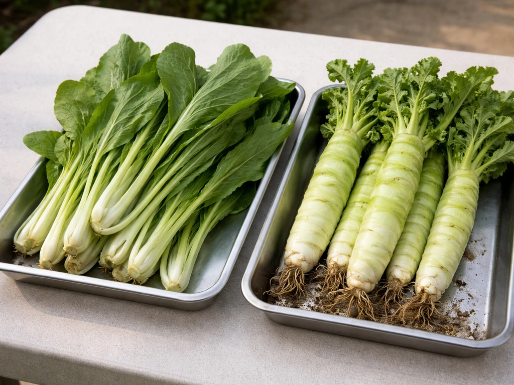 Two varieties of Chinese lettuce side by side: A-choy leaves and celtuce stem with roots exposed.