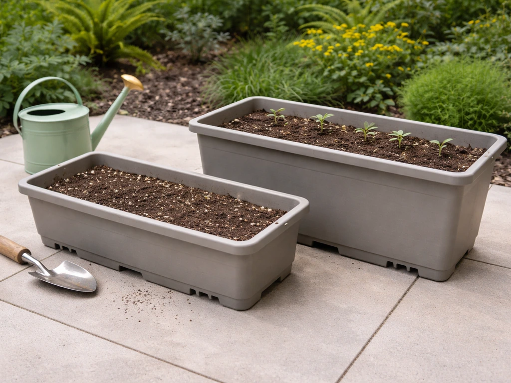 Two outdoor containers with potting mix showing different planting depths and drainage holes for lettuce.
