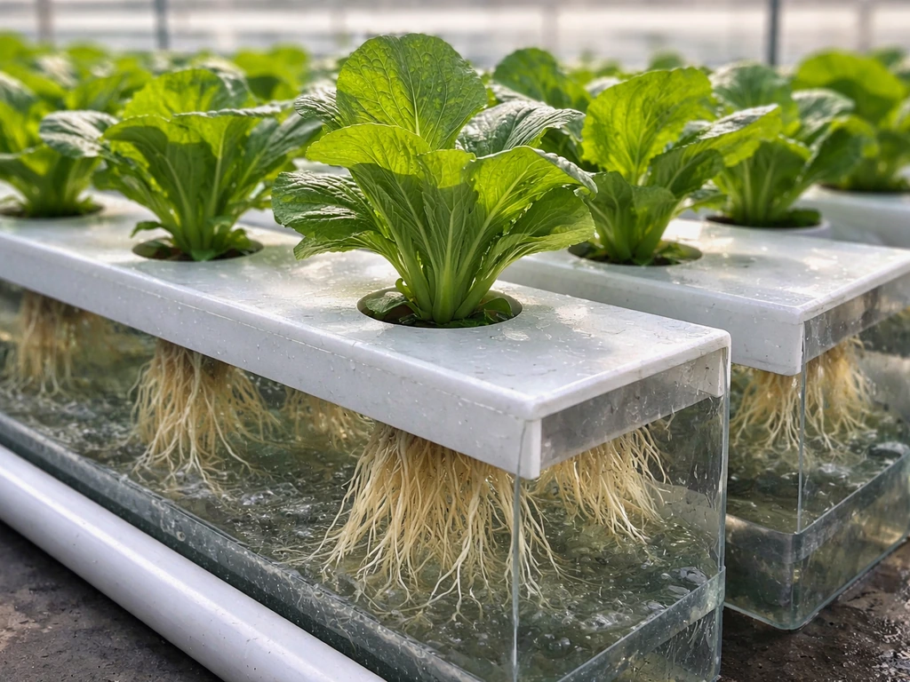 Chinese lettuce growing in a hydroponic NFT channel, with roots suspended in nutrient water