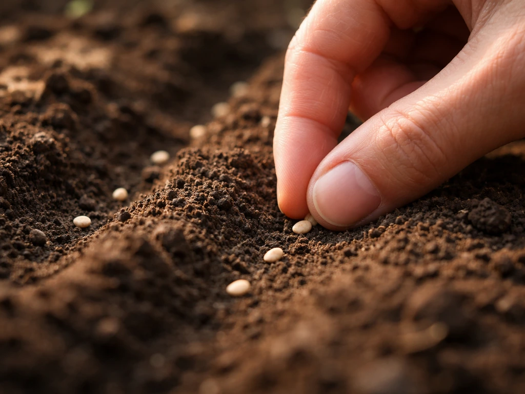 Close-up of small vegetable seeds pressed into moist soil at about 3mm depth
