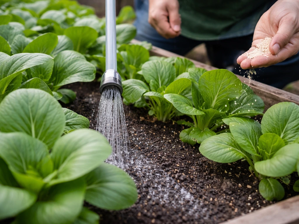 Gardener watering leafy greens at the base with hand-sprinkled fertilizer in a small raised bed