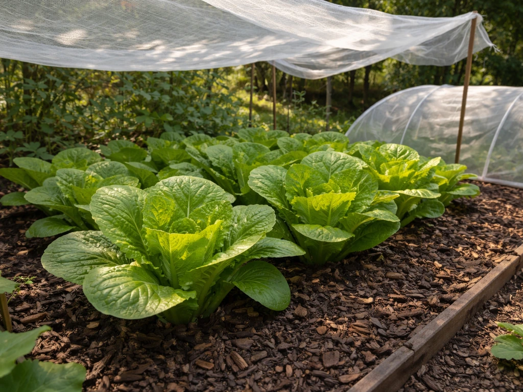 Healthy Chinese lettuce under afternoon shade cloth with dark mulch keeping roots cool.