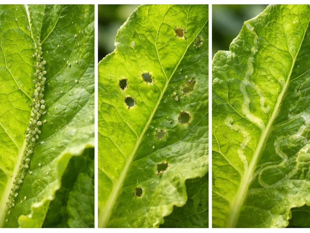 Close-up of lettuce leaves showing distinct pest damage: aphid clusters, shot holes, and leafminer trails.