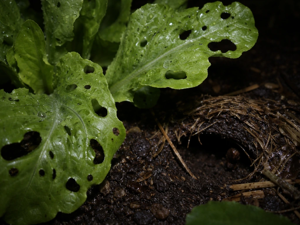 Young lettuce at night showing ragged holes and a silvery slug slime trail on wet soil.