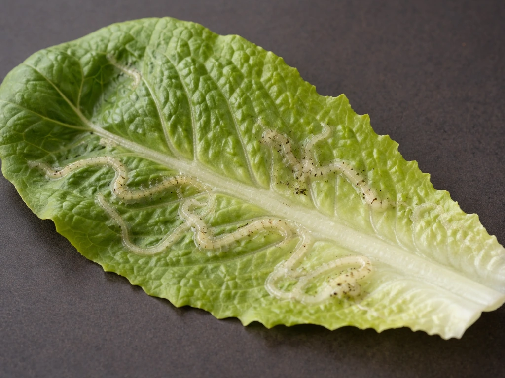 Close-up of a romaine lettuce leaf with winding whitish and tan serpentine leafminer mines.
