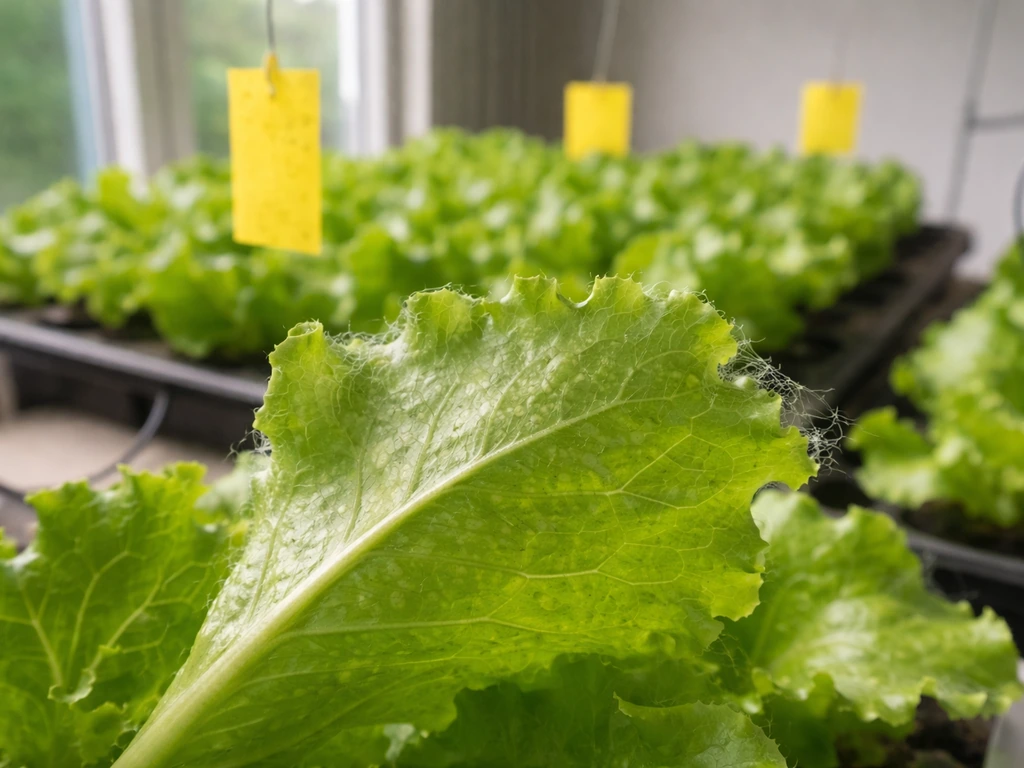 Indoor lettuce grow setup with sticky yellow cards and close view of spider-mite damage on leaf undersides.
