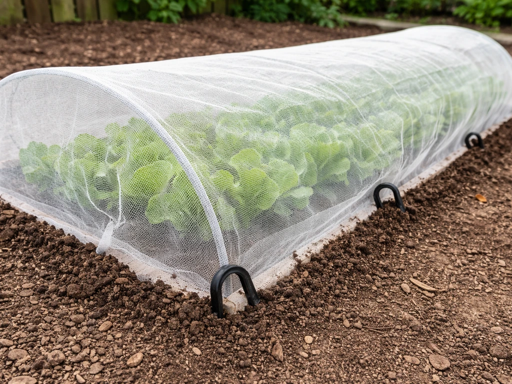 A lettuce bed covered with sealed floating row cover netting held down by clips and soil.