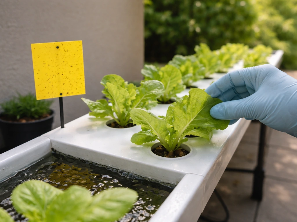 Compact outdoor hydroponic lettuce with a yellow sticky pest trap and a gloved leaf inspection