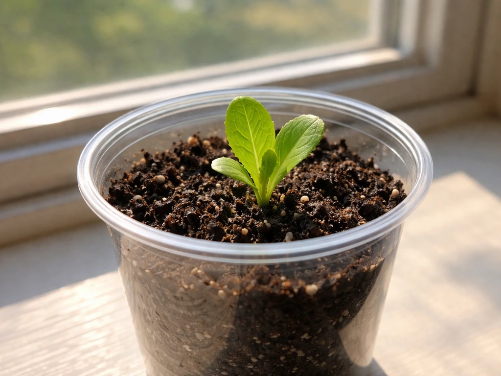 Romaine lettuce seedling growing in a small cup on a sunny windowsill with visible soil and early leaves.