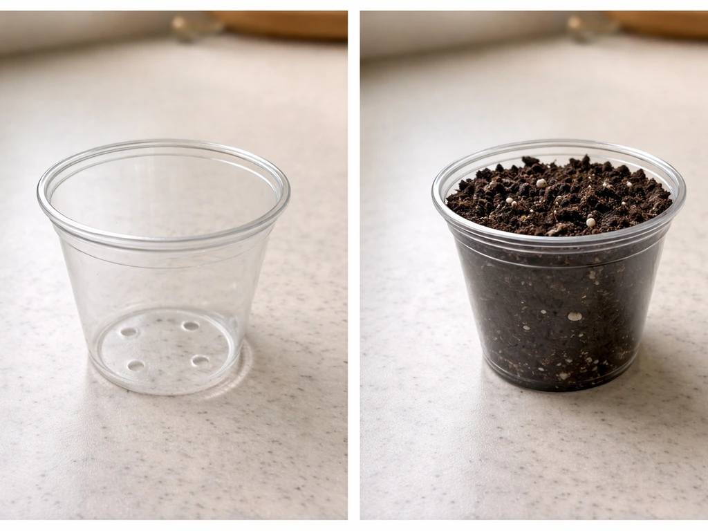 Side-by-side cups: one empty with drainage holes, one filled with potting mix ready to plant.