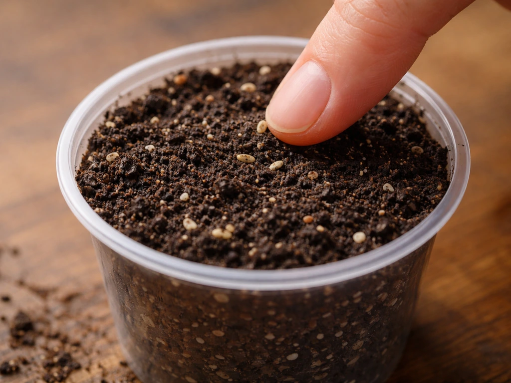 Fingertip presses romaine seeds into potting mix in a clear cup, with a thin soil cover layer visible.