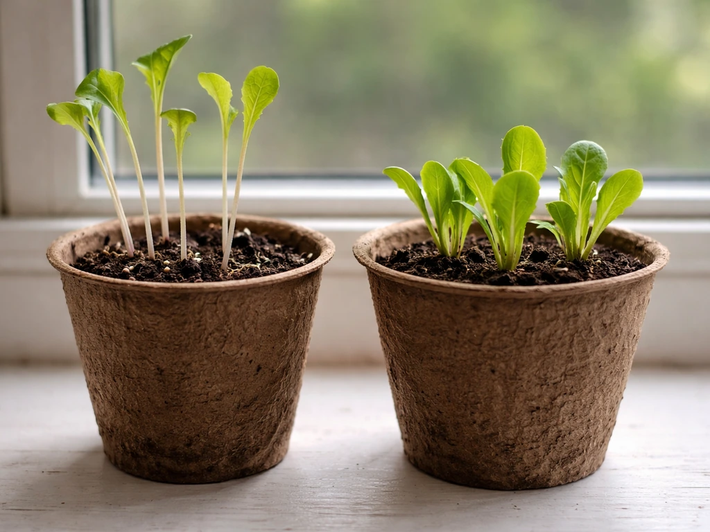 Two romaine seedlings in cups: one tall and leggy, the other compact and healthy under bright light.