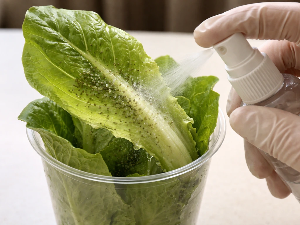 Close-up romaine leaves in a cup with aphids on the underside as a hand mists them off.