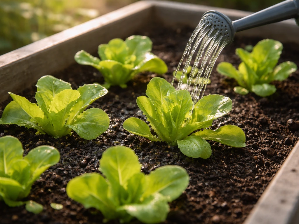 Fresh green lettuce seedlings growing in moist soil with sunlight and gentle watering.
