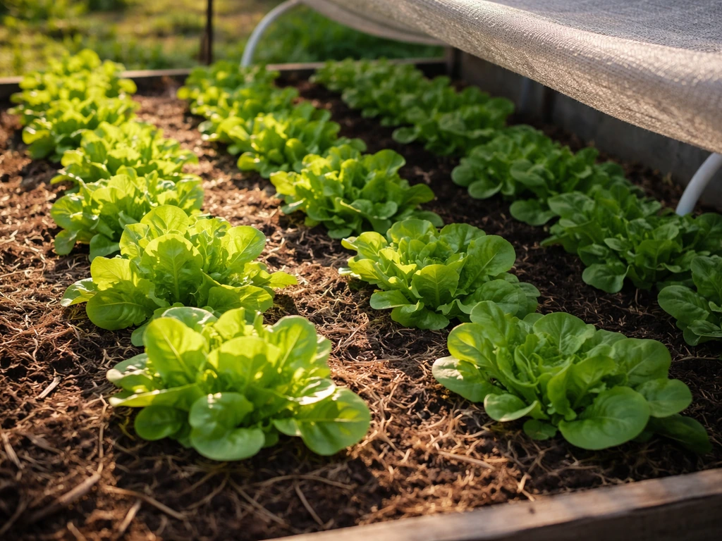 Lettuce plants partly lit by direct sun with afternoon shade from an awning over the garden bed.