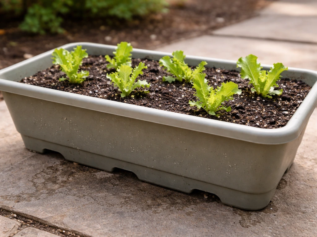 Potted lettuce in an outdoor container with visible drainage holes and evenly moist soil